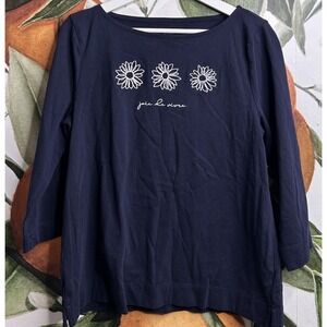 Talbots Large Petite Cotton Navy "Joie De Vivre" Floral Embroidered Shirt
